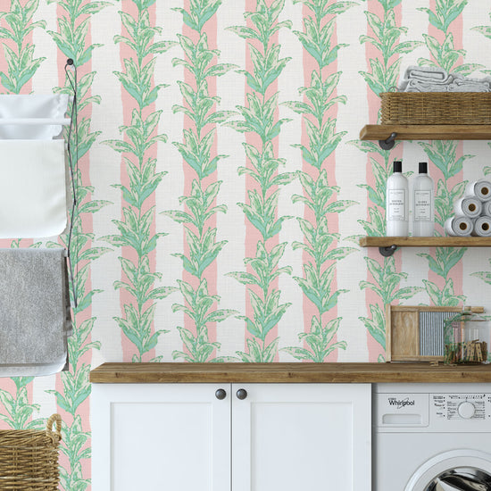 Sanibel Stripe Palm Leaf Textured Performance Vinyl Wallpaper in Pink & Mint Condition Green