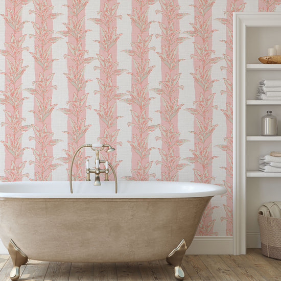 Sanibel Stripe Palm Leaf Textured Performance Vinyl Wallpaper in Strawberry Milkshake