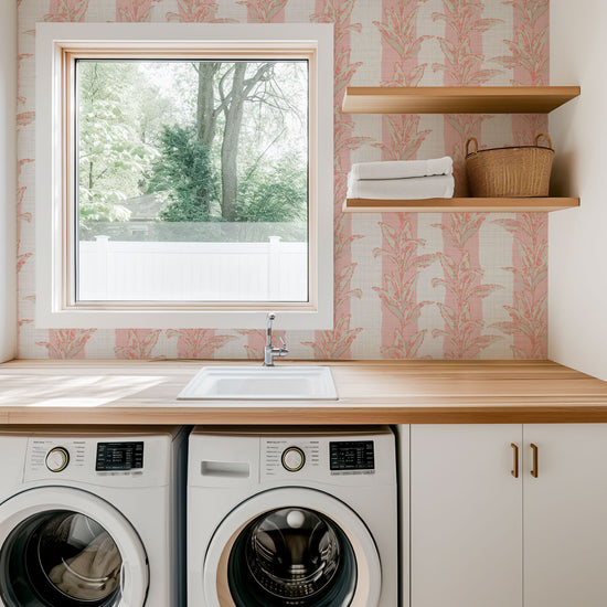 Sanibel Stripe Palm Leaf Textured Performance Vinyl Wallpaper in Strawberry Milkshake