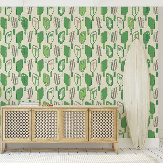wallpaper Natural Textured Eco-Friendly Non-toxic High-quality Sustainable Interior Design Bold Custom Tailor-made Retro chic Tropical Jungle Coastal Cabana preppy Pickleball Sport gameroom kids stripe horizontal palm trees paddle paperweave paper weave