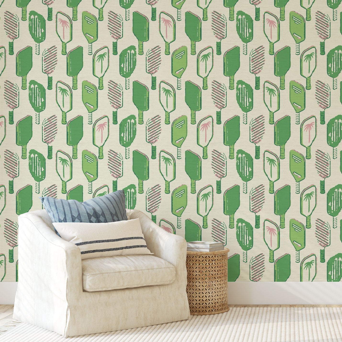 Grasscloth wallpaper Natural Textured Eco-Friendly Non-toxic High-quality  Sustainable Interior Design Bold Custom Tailor-made Retro chic Tropical Jungle Coastal Cabana preppy Pickleball Sport gameroom  kids stripe horizontal palm trees paddle