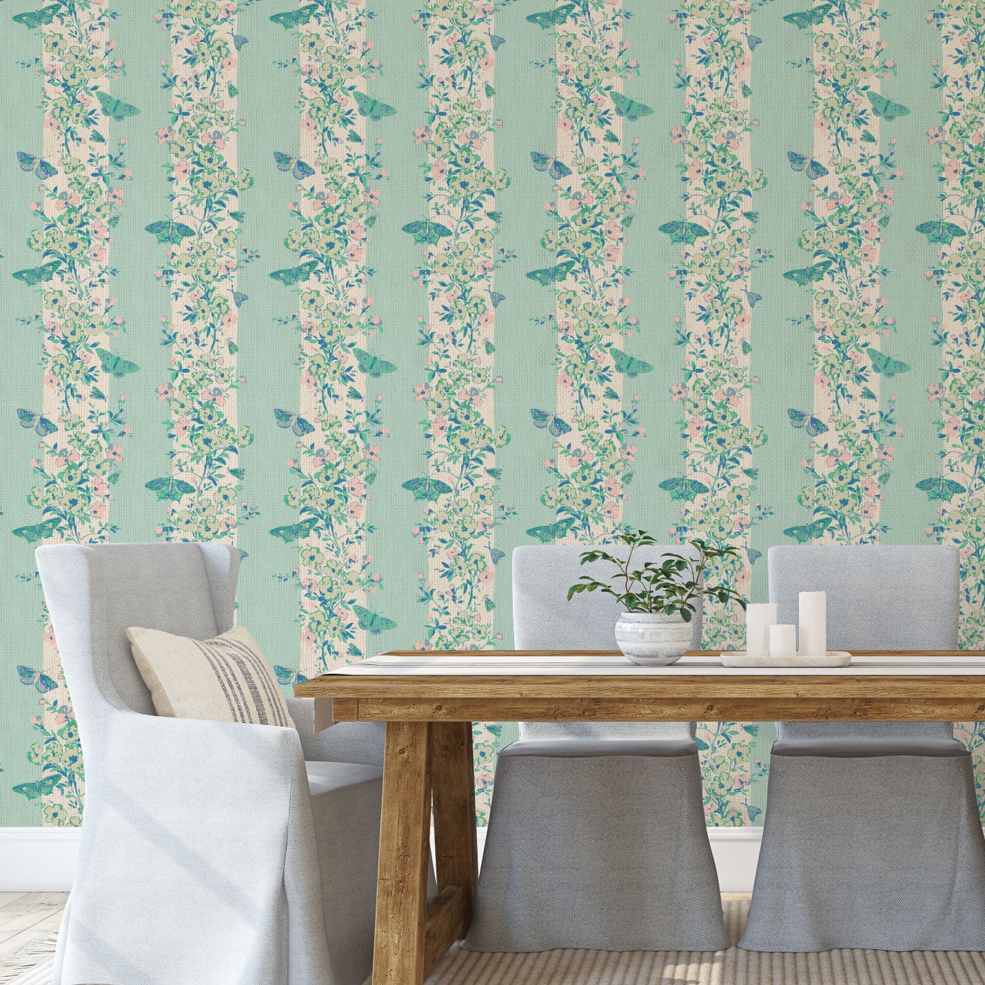 She’s Like the Wind Butterfly Stripe Botanical Wallpaper in Mint Milkshake