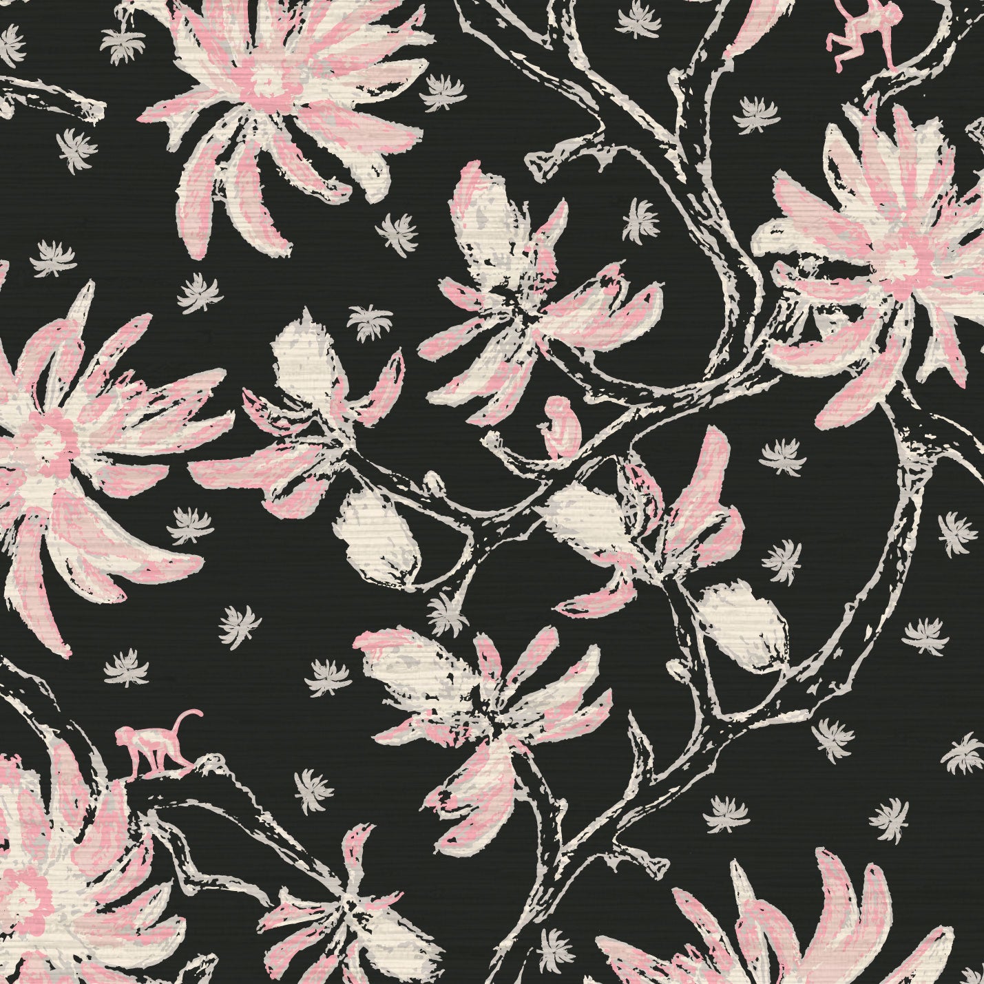black pink pale pink pink flowers Natural Textured Eco-Friendly Non-toxic High-quality Sustainable practices Sustainability Wall covering Wallcovering Wallpaper Luxury Contemporary Designer Custom interior Bespoke Tailor-made Nature inspired Bold Garden Wallpaper Chinoiserie Asian inspired chinz tree branches flowers flower floral garden monkey animal chinese asian inspired grasscloth