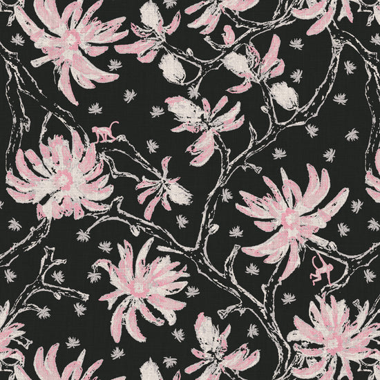 black pink pale pink pink flowers Natural Textured Eco-Friendly Non-toxic High-quality Sustainable practices Sustainability Wall covering Wallcovering Wallpaper Luxury Contemporary Designer Custom interior Bespoke Tailor-made Nature inspired Bold Garden Wallpaper Chinoiserie Asian inspired chinz tree branches flowers flower floral garden monkey animal chinese asian inspired linen