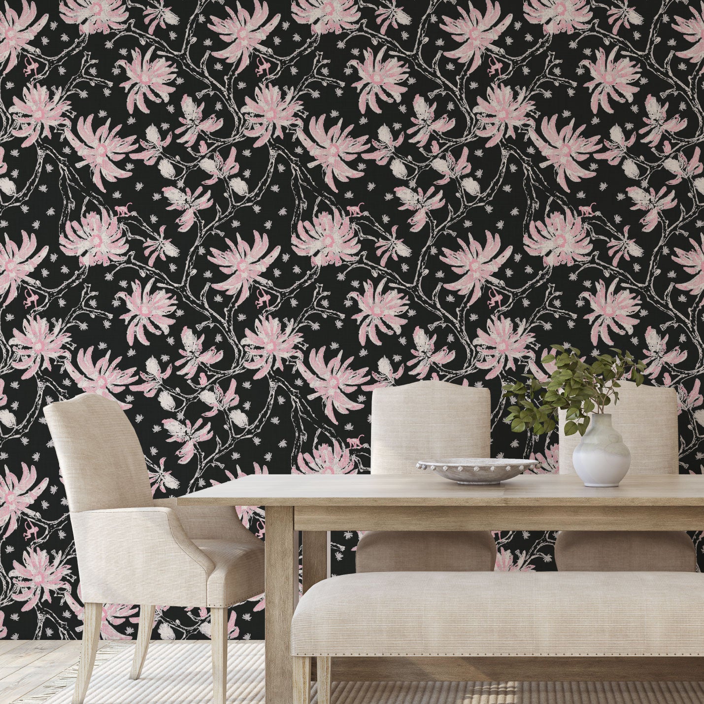 black pink pale pink pink flowers Natural Textured Eco-Friendly Non-toxic High-quality Sustainable practices Sustainability Wall covering Wallcovering Wallpaper Luxury Contemporary Designer Custom interior Bespoke Tailor-made Nature inspired Bold Garden Wallpaper Chinoiserie Asian inspired chinz tree branches flowers flower floral garden monkey animal chinese asian inspired linen