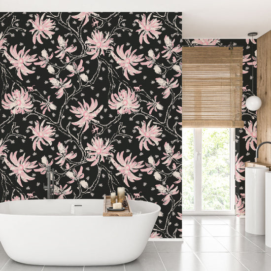 Shock the Monkey Chinoiserie Botanical Textured Performance Vinyl Wallpaper in Back in Black