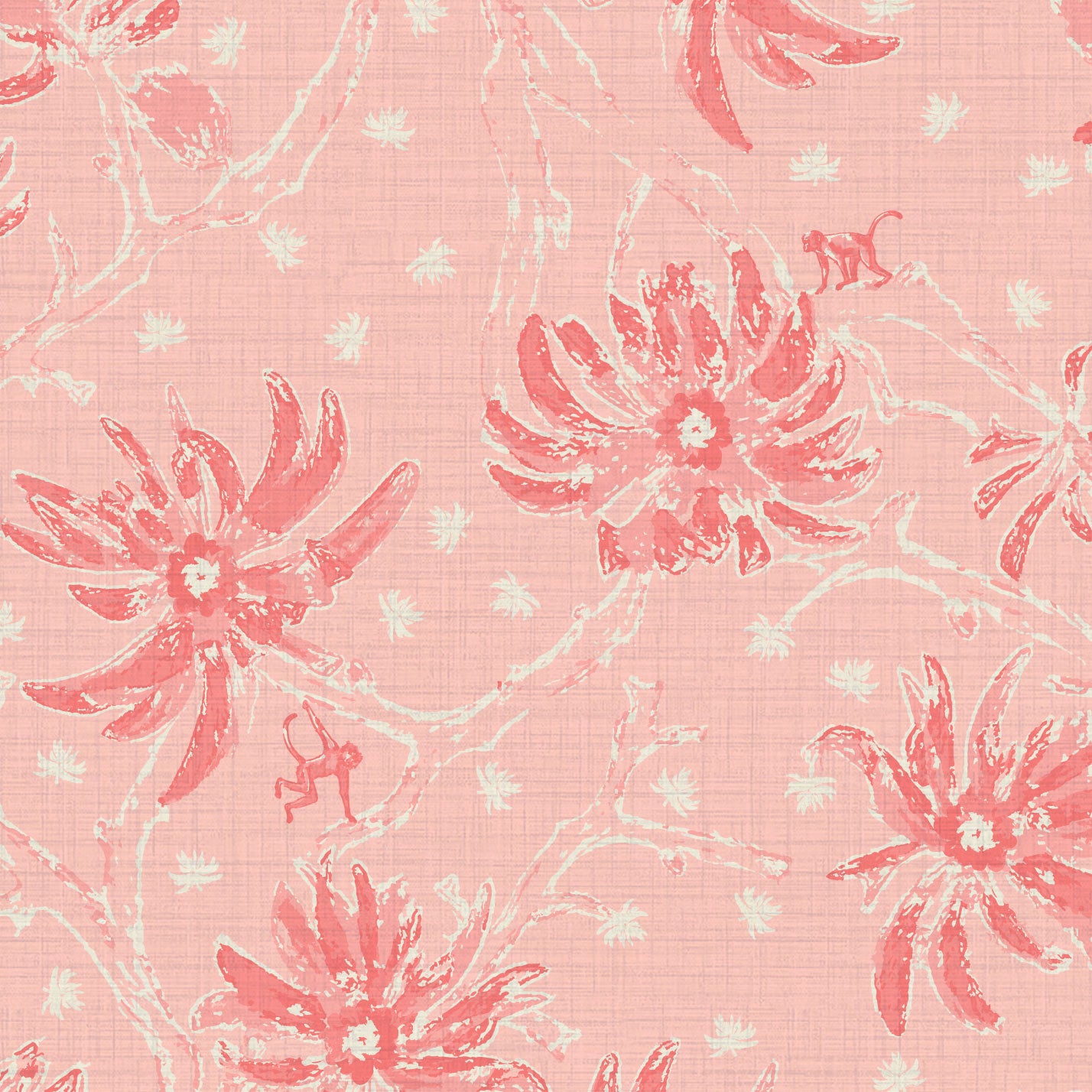 Shock the Monkey Chinoiserie Botanical Textured Performance Vinyl Wallpaper in Coral Splashes