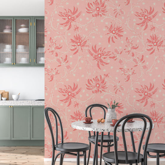 Shock the Monkey Chinoiserie Botanical Textured Performance Vinyl Wallpaper in Coral Splashes