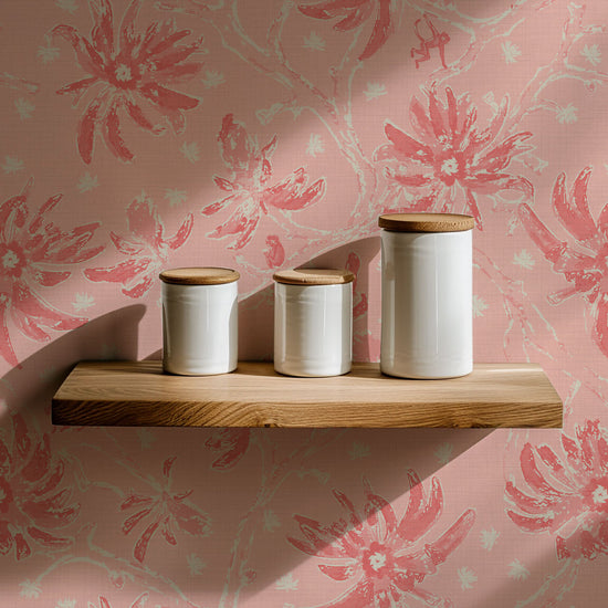 Shock the Monkey Chinoiserie Botanical Textured Performance Vinyl Wallpaper in Coral Splashes