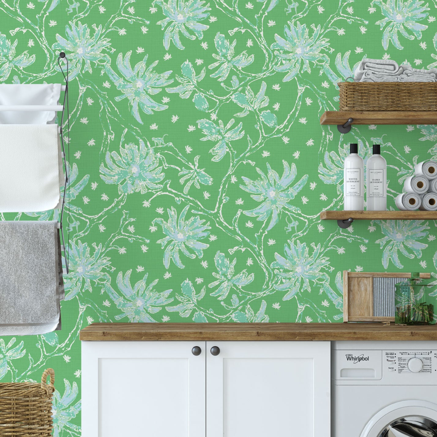 Shock the Monkey Chinoiserie Botanical Textured Performance Vinyl Wallpaper in Green Beret