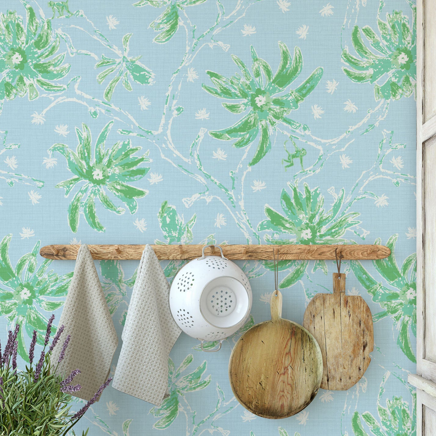 Shock the Monkey Chinoiserie Botanical Textured Performance Vinyl Wallpaper in Ocean Waves