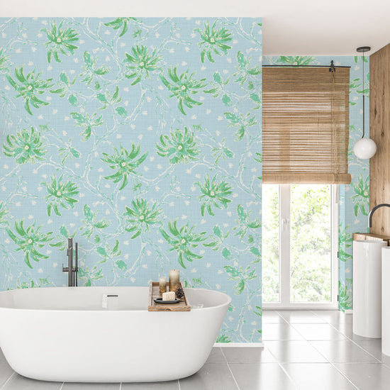 Shock the Monkey Chinoiserie Botanical Textured Performance Vinyl Wallpaper in Ocean Waves