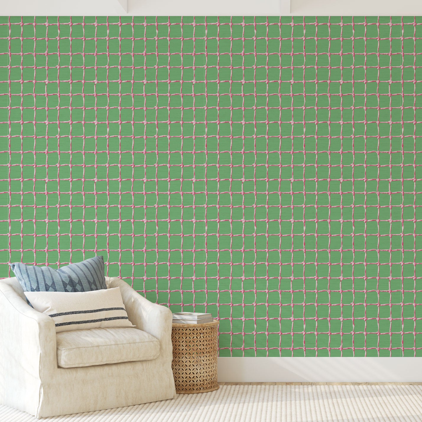 Grasscloth wallpaper Natural Textured Eco-Friendly Non-toxic High-quality Sustainable Interior Design Bold Custom Tailor-made Retro chic Tropical Jungle Coastal Cabana preppy Pickleball Sport gameroom kids stripe horizontal  kelly green grass neon hot pink net tennis pickleball