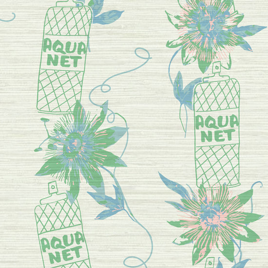 white based printed grasscloth wallpaper with vertical stripes made up of aqua net hairspray bottles lined up with big flowers in between.