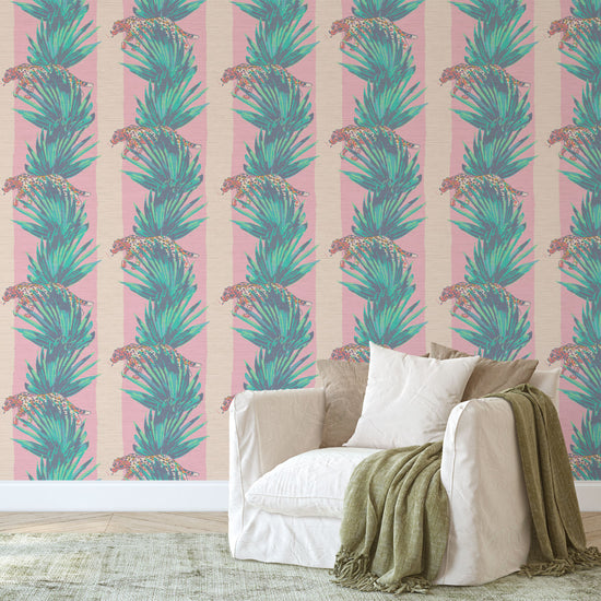 tonal pink stripe wide stripe vertical leaf jungle leaf tropical cheetah cat wild animal smoking cigarette texture eco friendly natural grasscloth wallpaper wall covering sustainable interior design ocean front tropical beachside vacation relaxed cottage shoreline living room