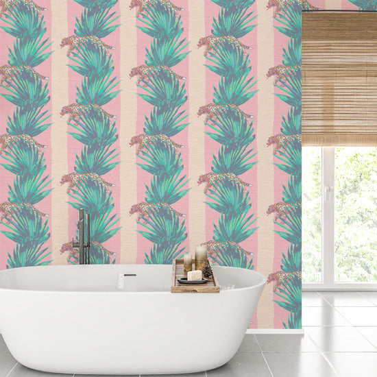 tonal pink stripe wide stripe vertical leaf jungle leaf tropical cheetah cat wild animal smoking cigarette texture eco friendly natural grasscloth wallpaper wall covering sustainable interior design ocean front tropical beachside vacation relaxed cottage shoreline bathroom