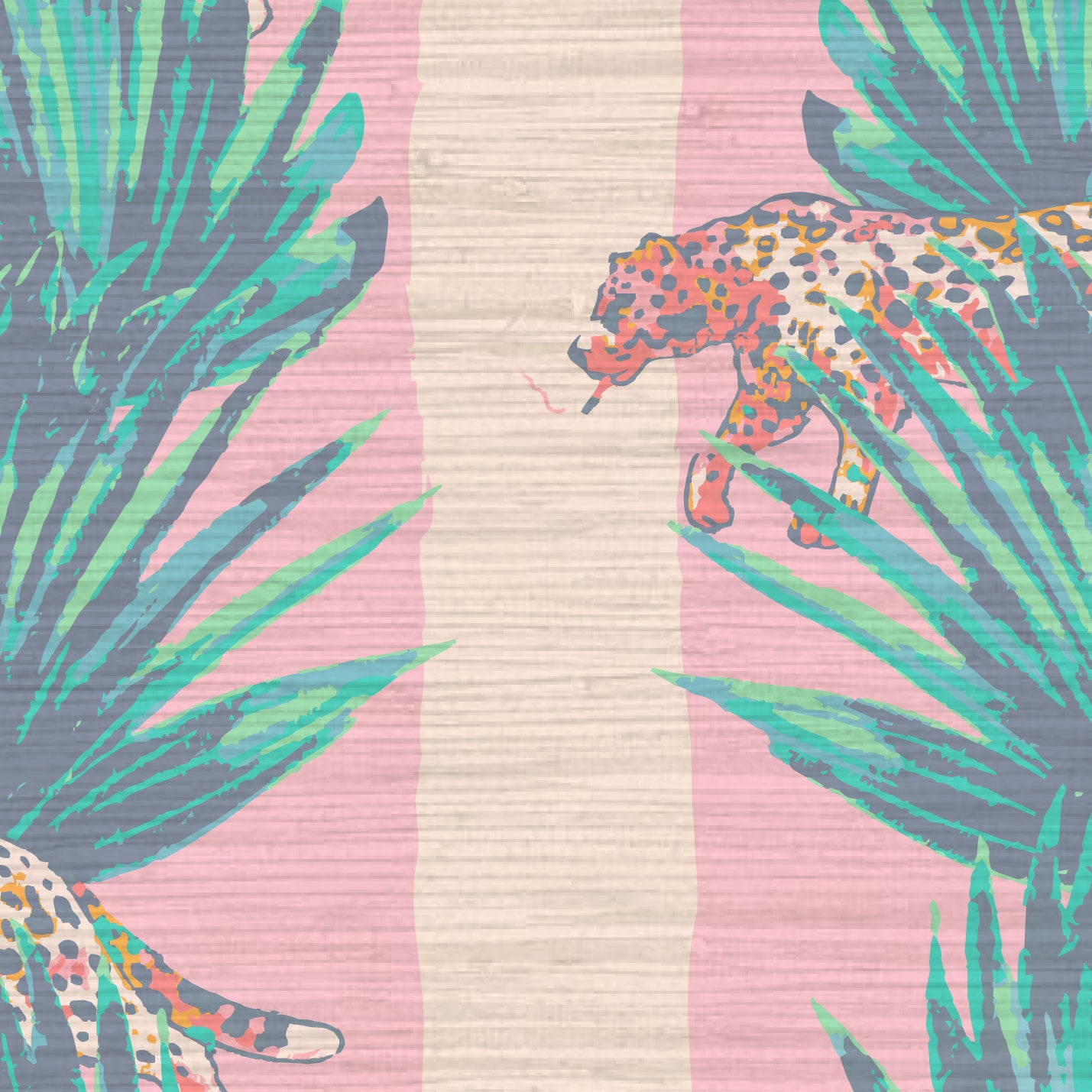 tonal pink stripe wide stripe vertical leaf jungle leaf tropical cheetah cat wild animal smoking cigarette texture eco friendly natural grasscloth wallpaper wall covering sustainable interior design ocean front tropical beachside vacation relaxed cottage shoreline 