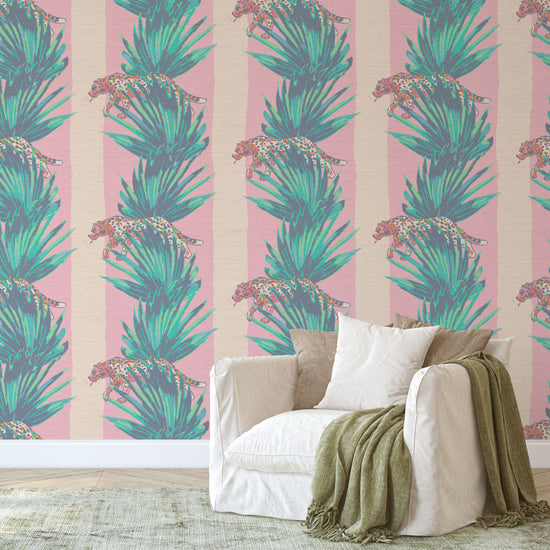 tonal pink stripe wide stripe vertical leaf jungle leaf tropical cheetah cat wild animal smoking cigarette texture eco friendly natural grasscloth wallpaper wall covering sustainable interior design ocean front tropical beachside vacation relaxed cottage shoreline 