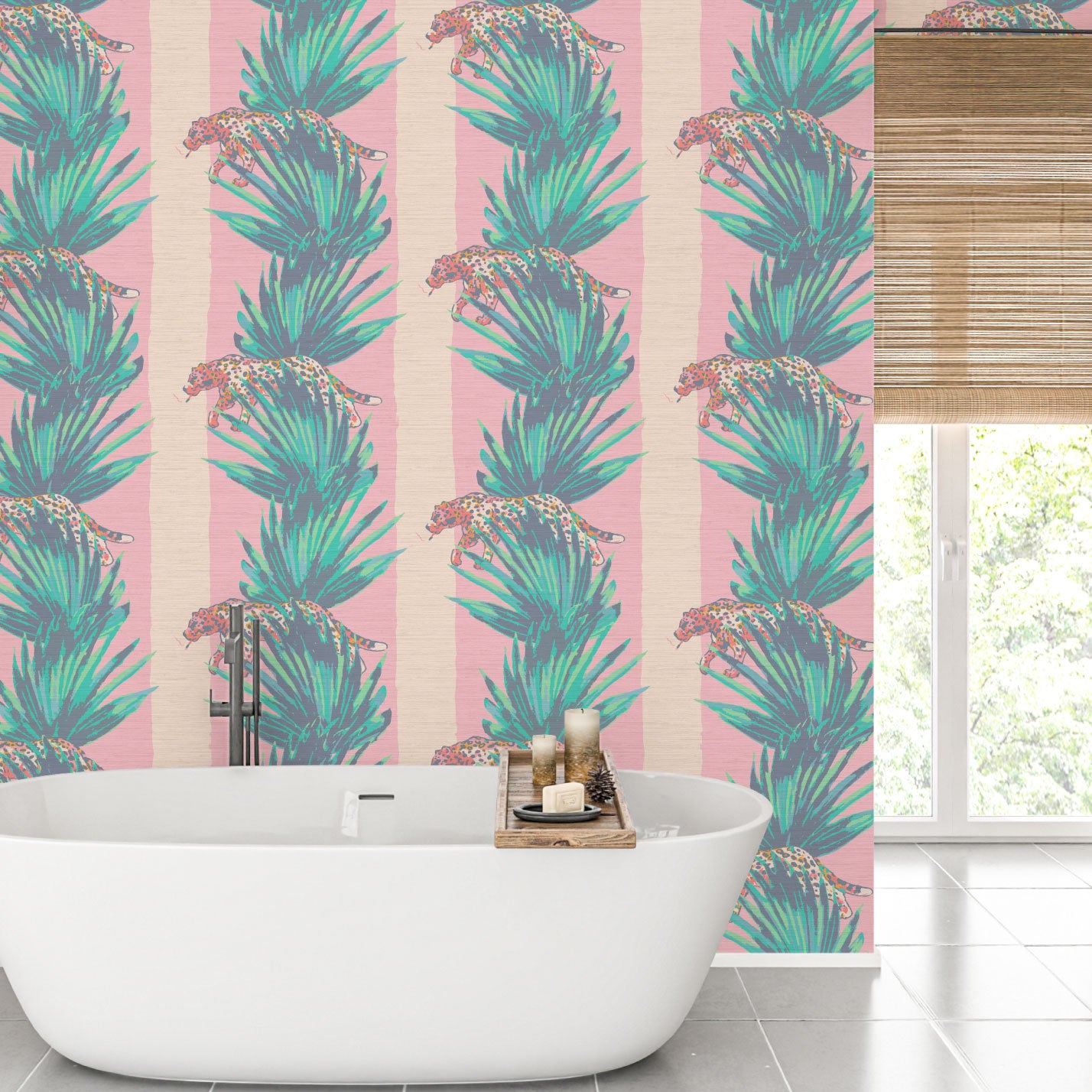 tonal pink stripe wide stripe vertical leaf jungle leaf tropical cheetah cat wild animal smoking cigarette texture eco friendly natural grasscloth wallpaper wall covering sustainable interior design ocean front tropical beachside vacation relaxed cottage shoreline 