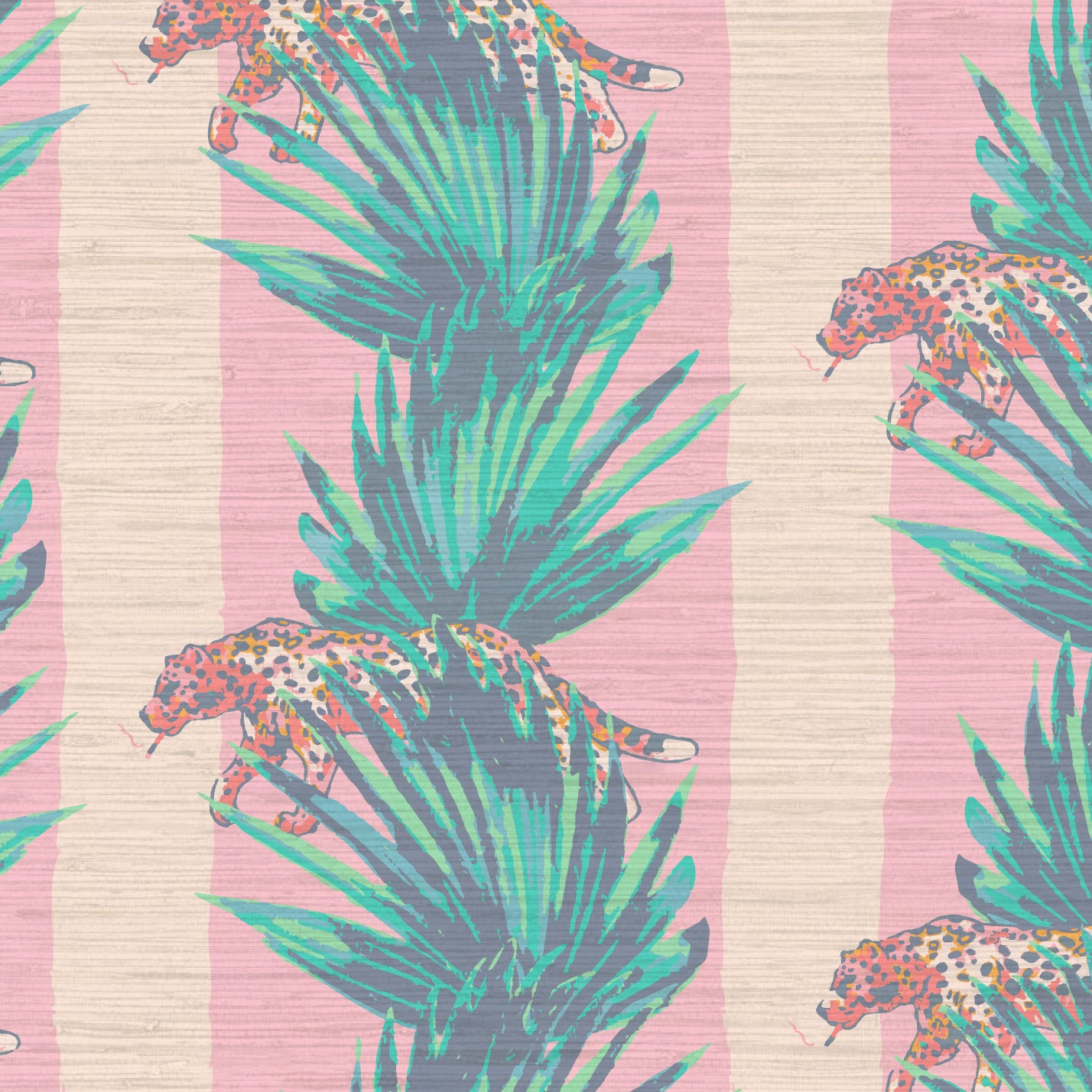 tonal pink stripe wide stripe vertical leaf jungle leaf tropical cheetah cat wild animal smoking cigarette texture eco friendly natural grasscloth wallpaper wall covering sustainable interior design ocean front tropical beachside vacation relaxed cottage shoreline 