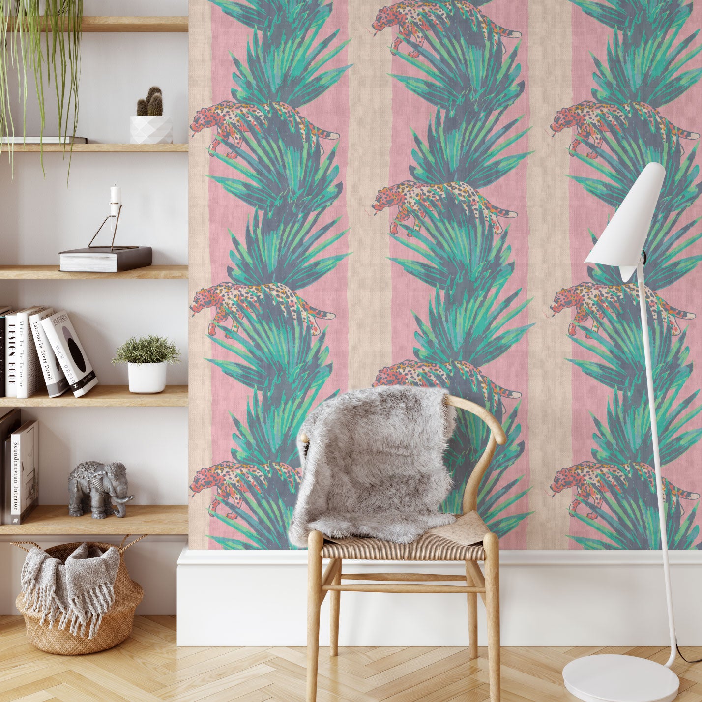 tonal pink stripe wide stripe vertical leaf jungle leaf tropical cheetah cat wild animal smoking cigarette texture eco friendly natural grasscloth wallpaper wall covering sustainable interior design ocean front tropical beachside vacation relaxed cottage shoreline basketweave paperweave