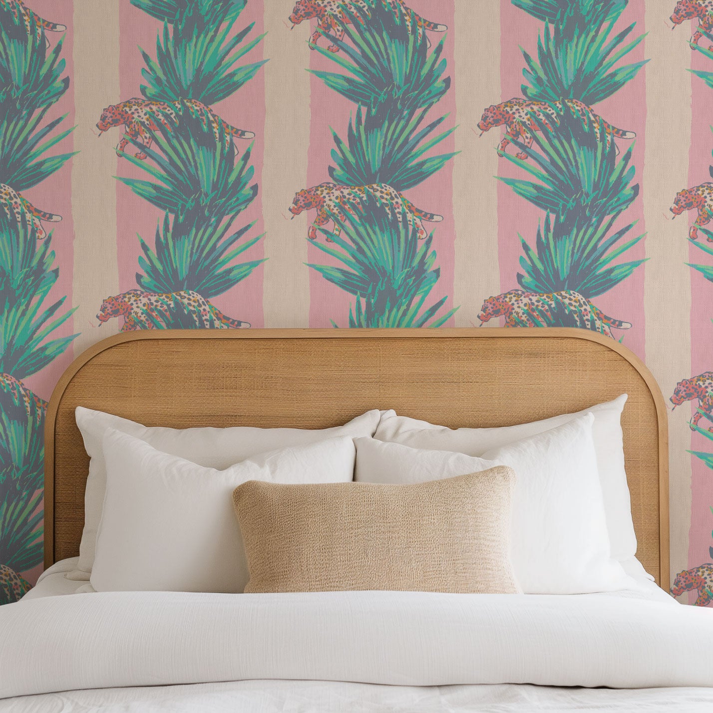 tonal pink stripe wide stripe vertical leaf jungle leaf tropical cheetah cat wild animal smoking cigarette texture eco friendly natural grasscloth wallpaper wall covering sustainable interior design ocean front tropical beachside vacation relaxed cottage shoreline basketweave paperweave