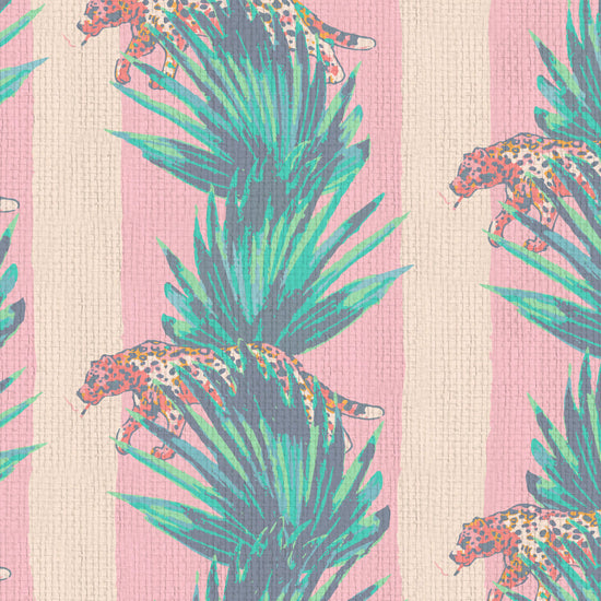 tonal pink stripe wide stripe vertical leaf jungle leaf tropical cheetah cat wild animal smoking cigarette texture eco friendly natural grasscloth wallpaper wall covering sustainable interior design ocean front tropical beachside vacation relaxed cottage shoreline basketweave paperweave