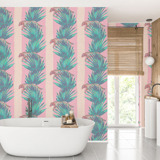 Smokin' Hot Cheetahs Textured Performance Vinyl Wallpaper in Bless the Rains Pink Stripes