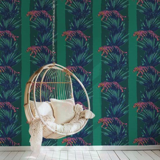 tonal green stripe wide stripe vertical leaf jungle leaf tropical cheetah cat wild animal smoking cigarette texture eco friendly natural grasscloth wallpaper wall covering sustainable interior design ocean front tropical beachside vacation relaxed cottage shoreline 