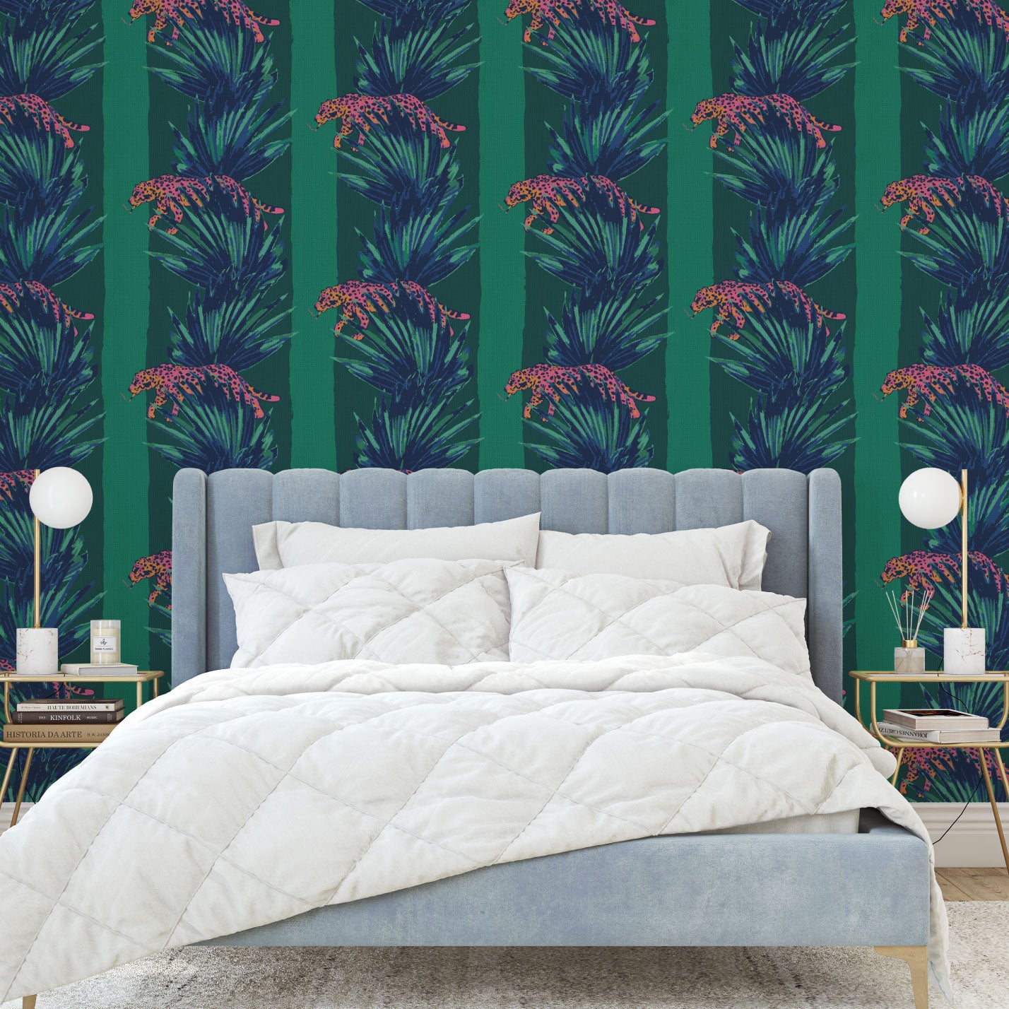 tonal green stripe wide stripe vertical leaf jungle leaf tropical cheetah cat wild animal smoking cigarette texture eco friendly natural grasscloth wallpaper wall covering sustainable interior design ocean front tropical beachside vacation relaxed cottage shoreline 