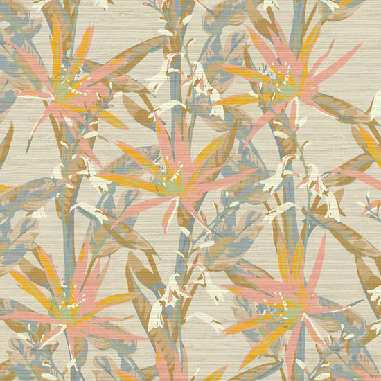 Grasscloth wallpaper Natural Textured Eco-Friendly Non-toxic High-quality  Sustainable Interior Design Bold Custom Tailor-made Retro chic Tropical Jungle Coastal Garden Seaside Seashore Waterfront Vacation home styling Retreat Relaxed beach vibes botanical flower floral stripe birds of paradise flowers earthtones neutral subtle calm off white tonal pink