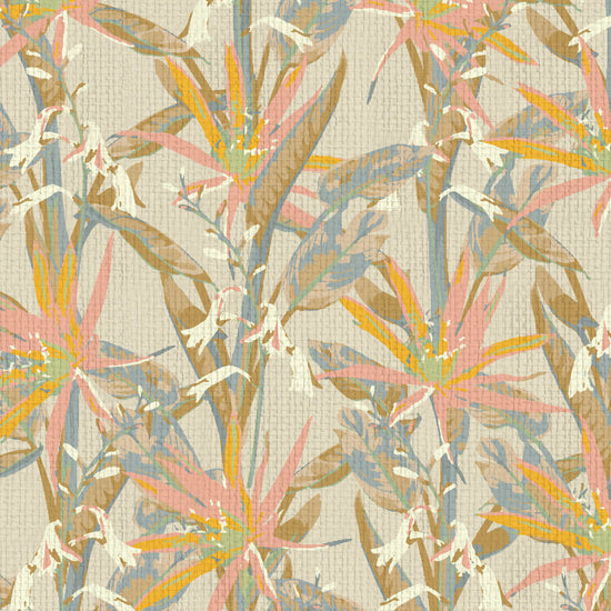 wallpaper Natural Textured Eco-Friendly Non-toxic High-quality Sustainable Interior Design Bold Custom Tailor-made Retro chic Tropical Jungle Coastal Garden Seaside Seashore Waterfront Vacation home styling Retreat Relaxed beach vibes botanical flower floral stripe birds of paradise flowers earthtones neutral subtle calm off white tonal pink bedroom paper weave paperweave basketweave basket weave