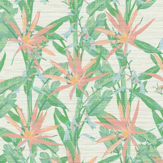 Grasscloth wallpaper Natural Textured Eco-Friendly Non-toxic High-quality  Sustainable Interior Design Bold Custom Tailor-made Retro chic Tropical Jungle Coastal Garden Seaside Seashore Waterfront Vacation home styling Retreat Relaxed beach vibes botanical flower floral stripe birds of paradise flowers pastel off white cream beige leafy green pale pink orange yellow coral peach