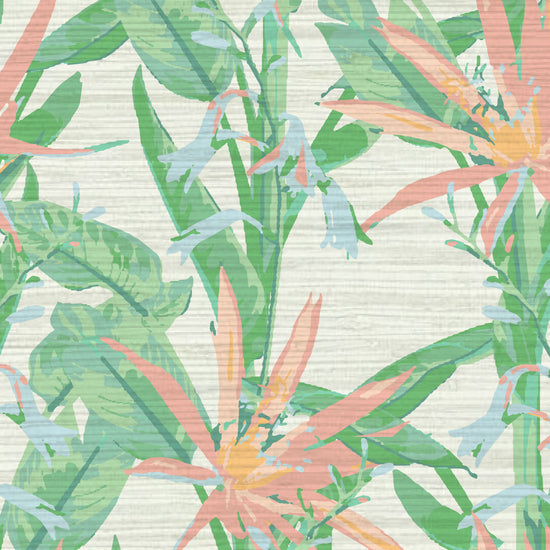 Grasscloth wallpaper Natural Textured Eco-Friendly Non-toxic High-quality Sustainable Interior Design Bold Custom Tailor-made Retro chic Tropical Jungle Coastal Garden Seaside Seashore Waterfront Vacation home styling Retreat Relaxed beach vibes botanical flower floral stripe birds of paradise flowers pastel off white cream beige leafy green pale pink orange yellow coral peach