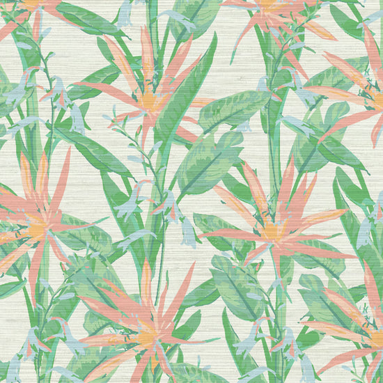 Grasscloth wallpaper Natural Textured Eco-Friendly Non-toxic High-quality  Sustainable Interior Design Bold Custom Tailor-made Retro chic Tropical Jungle Coastal Garden Seaside Seashore Waterfront Vacation home styling Retreat Relaxed beach vibes botanical flower floral stripe birds of paradise flowers pastel off white cream beige leafy green pale pink orange yellow coral peach