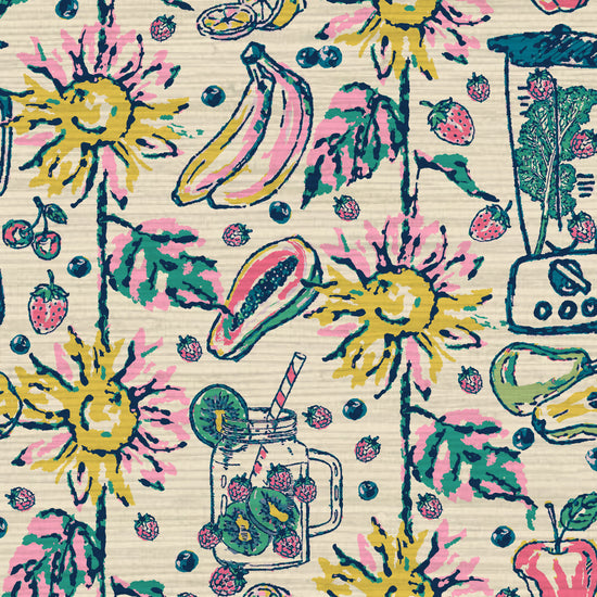 off white base printed grasscloth wallpaper featuring smiling sunflowers arranged in linear stripes running vertically down this oversized print. Scattered between them includes a blender and mason jar filled with smoothie inspired ingredients including: lemons, bananas, berries, apples, pears and leafy greens and bright multi colors. Natural textured eco-friendly food sunflower fruit strawberry breakfast brunch restaurant smoothie Non-toxic High-quality  Sustainable practices 