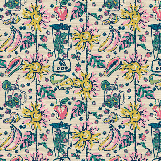 off white base printed grasscloth wallpaper featuring smiling sunflowers arranged in linear stripes running vertically down this oversized print. Scattered between them includes a blender and mason jar filled with smoothie inspired ingredients including: lemons, bananas, berries, apples, pears and leafy greens and bright multi colors. Natural textured eco-friendly food sunflower fruit strawberry breakfast brunch restaurant smoothie Non-toxic High-quality  Sustainable practices 