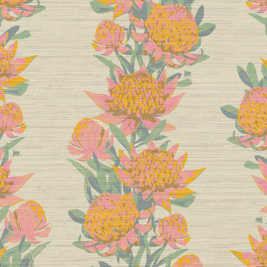 Grasscloth wallpaper Natural Textured Eco-Friendly Non-toxic High-quality  Sustainable Interior Design Bold Custom Coastal Garden Seaside Seashore Waterfront Vacation home styling Retreat Relaxed beach vibes Beach cottage Shoreline Oceanfront tropical vertical stripe floral botanical floral flowers pink cream gold yellow