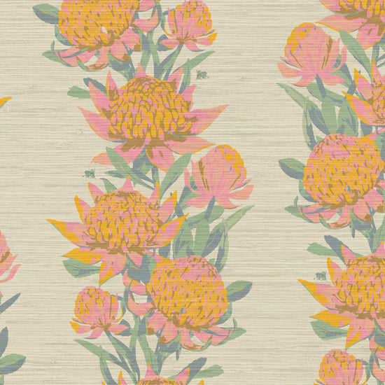 Grasscloth wallpaper Natural Textured Eco-Friendly Non-toxic High-quality  Sustainable Interior Design Bold Custom Coastal Garden Seaside Seashore Waterfront Vacation home styling Retreat Relaxed beach vibes Beach cottage Shoreline Oceanfront tropical vertical stripe floral botanical floral flowers pink cream gold yellow