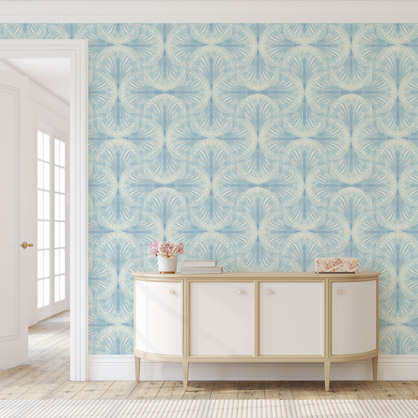 South Beach Wallpaper in Blue Sky Baby by Little Blue Designs