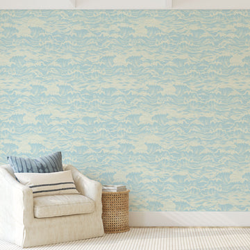 Grasscloth wallpaper Natural Textured Eco-Friendly Non-toxic High-quality Sustainable Interior Design Bold Custom Tailor-made Retro chic Seaside Coastal Seashore Waterfront Vacation home styling Retreat Relaxed beach vibes Beach cottage Shoreline Oceanfront Nautical Cabana ocean waves water surf blue teal light blue