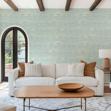 Grasscloth wallpaper Natural Textured Eco-Friendly Non-toxic High-quality Sustainable Interior Design Bold Custom Tailor-made Retro chic Seaside Coastal Seashore Waterfront Vacation home styling Retreat Relaxed beach vibes Beach cottage Shoreline Oceanfront Nautical Cabana ocean waves water surf blue teal light blue