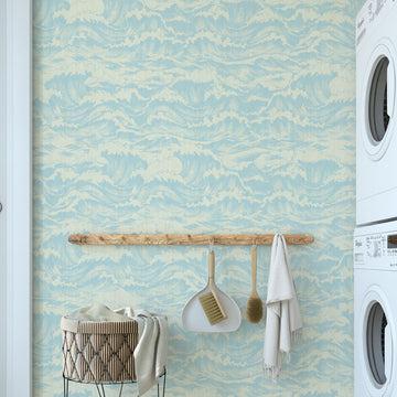 wallpaper Natural Textured Eco-Friendly Non-toxic High-quality Sustainable Interior Design Bold Custom Tailor-made Retro chic Seaside Coastal Seashore Waterfront Vacation home styling Retreat Relaxed beach vibes Beach cottage Shoreline Oceanfront Nautical Cabana ocean waves water surf blue teal light blue paperweave paper weave