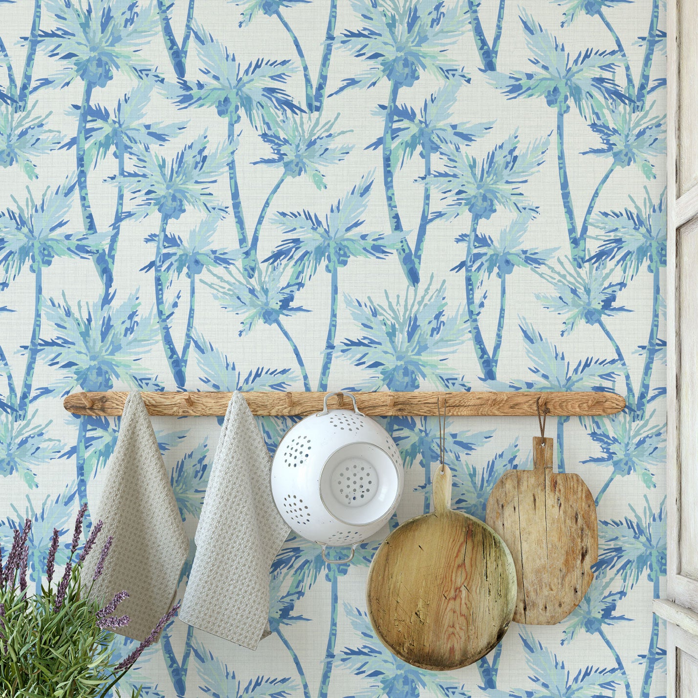 St. Elmo's Palm Trees Textured Performance Vinyl Wallpaper in Billy's Ocean Blue