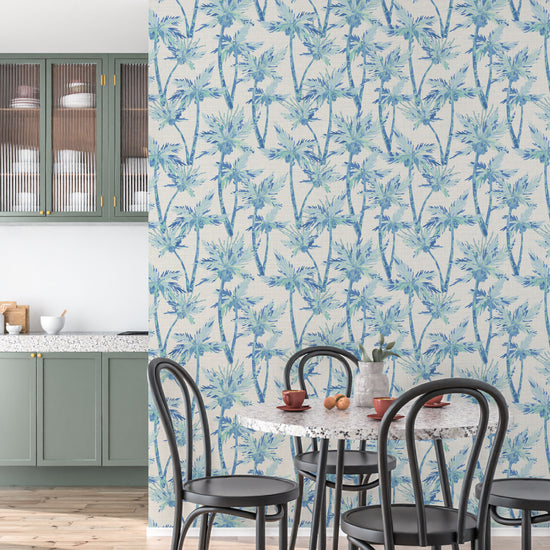 St. Elmo's Palm Trees Textured Performance Vinyl Wallpaper in Billy's Ocean Blue