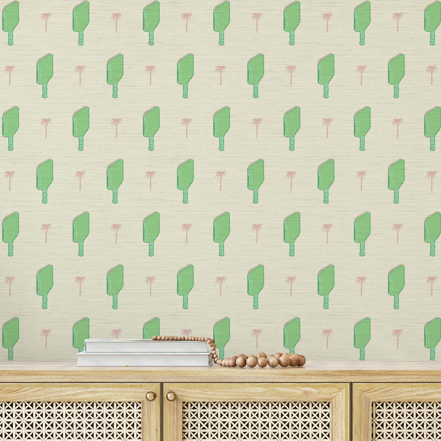 Grasscloth wallpaper Natural Textured Eco-Friendly Non-toxic High-quality  Sustainable Interior Design Bold Custom Tailor-made Retro chic Grand millennial Maximalism  Traditional Dopamine decor tropical palm tree pickleball paddles sports neutral playroom kids paddles green pink palm trees