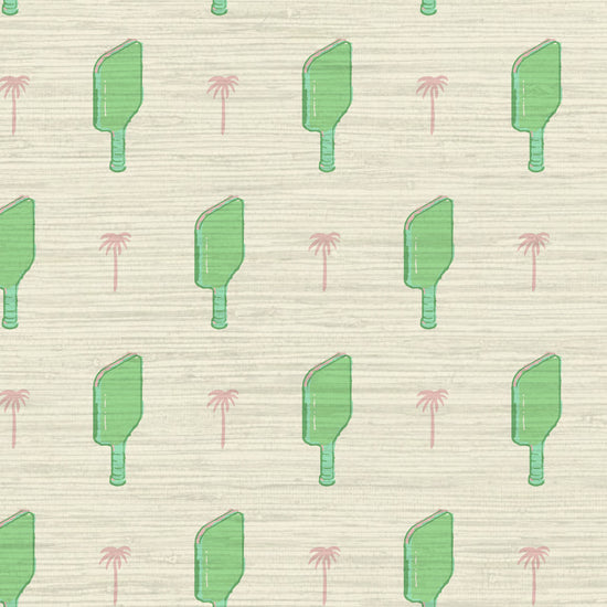 Grasscloth wallpaper Natural Textured Eco-Friendly Non-toxic High-quality  Sustainable Interior Design Bold Custom Tailor-made Retro chic Grand millennial Maximalism  Traditional Dopamine decor tropical palm tree pickleball paddles sports neutral playroom kids paddles green pink palm trees