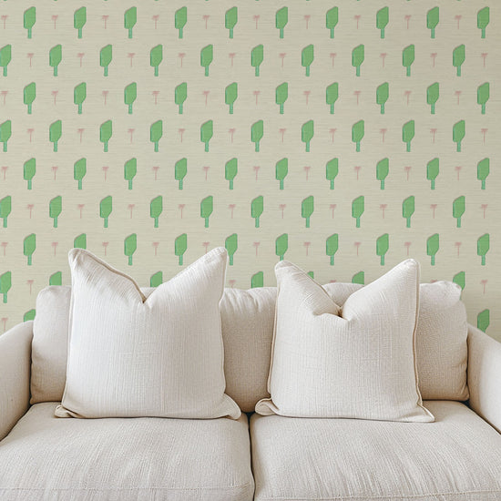 Grasscloth wallpaper Natural Textured Eco-Friendly Non-toxic High-quality  Sustainable Interior Design Bold Custom Tailor-made Retro chic Grand millennial Maximalism  Traditional Dopamine decor tropical palm tree pickleball paddles sports neutral playroom kids paddles green pink palm trees