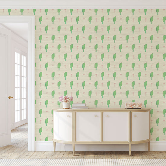 Grasscloth wallpaper Natural Textured Eco-Friendly Non-toxic High-quality  Sustainable Interior Design Bold Custom Tailor-made Retro chic Grand millennial Maximalism  Traditional Dopamine decor tropical palm tree pickleball paddles sports neutral playroom kids paddles green pink palm trees