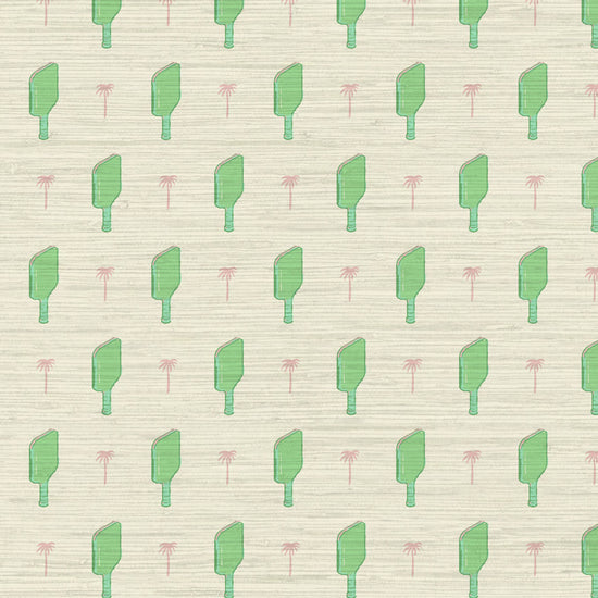 Grasscloth wallpaper Natural Textured Eco-Friendly Non-toxic High-quality  Sustainable Interior Design Bold Custom Tailor-made Retro chic Grand millennial Maximalism  Traditional Dopamine decor tropical palm tree pickleball paddles sports neutral playroom kids paddles green pink palm trees